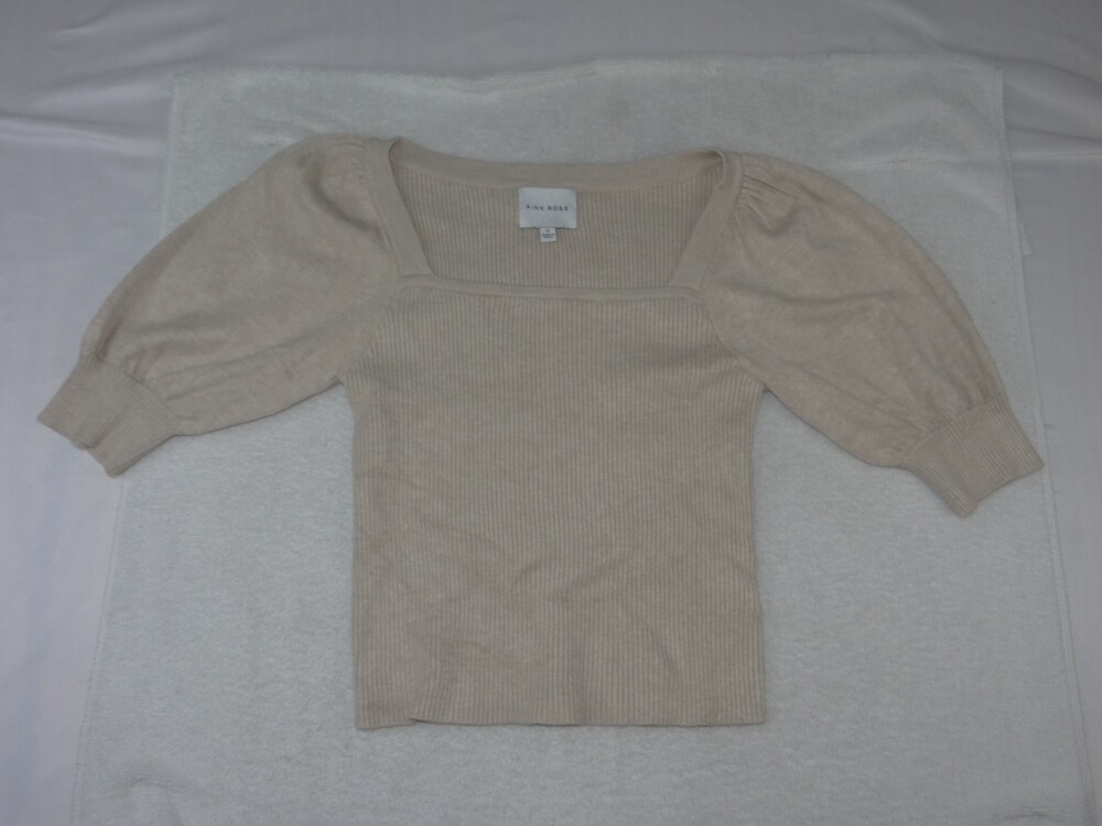 Pink Rose Beige Ribbed Puff Sleeve Top Small - Picture 2 of 5